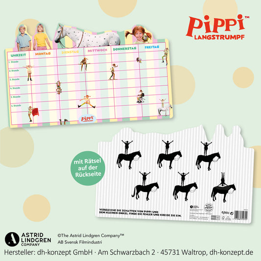 Formgestanzter Pippi Langstrumpf Stundenplan für Kinder freigestellt auf hellgrünem Hintergrund.