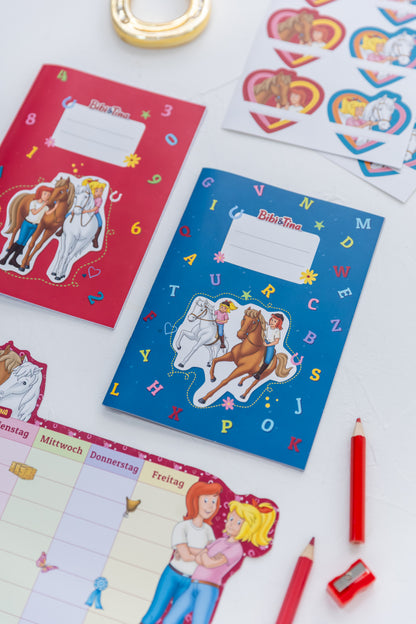 Nahaufnahme des lizenzierten Bibi und Tina Cover-Designs auf dem A5 Rechenheft.